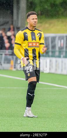 Park Hall, Oswestry, Shropshire, Angleterre, 18 juillet 2023. BK Häcken's Tobias Sana pendant, The New Saints of Oswestry Town & Llansantffraid football Club/The New Saints (TNS) contre Bollklubben Häcken/BK Häcken lors de la première ronde de qualification de la Ligue des Champions de la saison 2023/2024, à Park Hall. (Image de crédit : ©Cody Froggatt/Alamy Live News) Banque D'Images