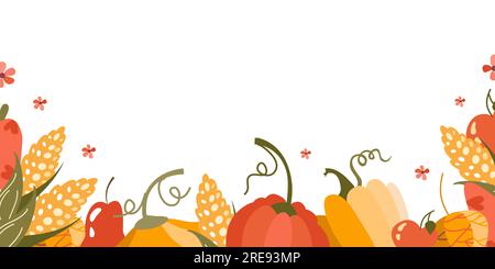 Récoltez la bannière d'arrière-plan à plat. Illustration vectorielle pour les impressions sur t-shirts et sacs, affiches, cartes postales. Saison de la citrouille. Citation de Thanksgiving d'automne. Illustration de Vecteur