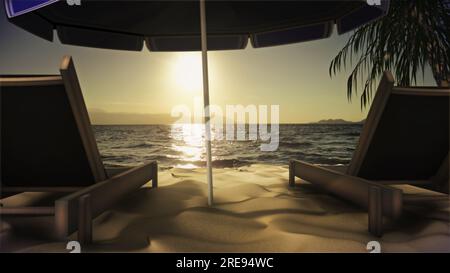 Concept de plage de sable d'illustration d'été tropical en 3D, avec chaises longues, parasol et un beau soleil d'heure doré. Un fond de vacances d'été pour resor Banque D'Images