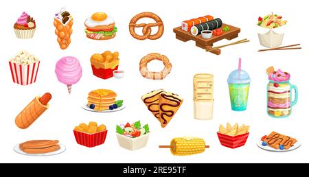 Dessins animés snacks fast-food, desserts, sandwichs, boissons et pâtisseries, icônes vectorielles. Hot dog, crêpe à crêpes et sushi, milk-shake et pop-corn avec gaufres à bulles, poulet et grill de maïs pour menu de restauration rapide Illustration de Vecteur