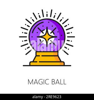 Boule magique sorcellerie et icône magique. Sphère cristalline mystique avec rayonnement signe vectoriel isolé, représentant la divination, invoquant la puissance de l'inconnu et offrant des aperçus dans l'avenir Illustration de Vecteur