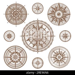 Roses de vent de boussole vintage, panneaux de navigation nautique médiévaux, icônes vectorielles. Compas maritime de navire dans des lignes taillées sur bois avec roses de vent pour la navigation maritime de voyage et la direction de navire de capitaine ou de bateau Illustration de Vecteur