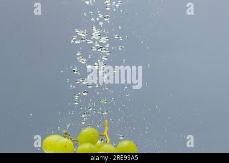 Gros plan de raisins blancs tombant dans l'eau avec espace de copie sur fond gris Banque D'Images