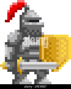 Chevalier médiéval avec épée et bouclier pixel art. Personnage de jeu vidéo rétro. Illustration vectorielle de dessin animé Illustration de Vecteur