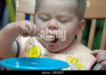 Petit garçon affamé ramasse des céréales dans sa bouche grande ouverte. Il porte un bavoir. Banque D'Images