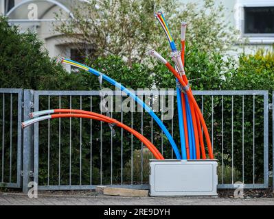 Zwenkau, Allemagne. 26 juillet 2023. Les câbles à fibres optiques dépassent de la base d'une armoire de commande. Envia tel, opérateur de réseau à fibre optique de l'est de l'Allemagne, souhaite connecter environ 80 000 foyers à l'Internet haut débit dans les années à venir. L'objectif est d'atteindre des largeurs de bande allant jusqu'à 1 gigabits par seconde. Des investissements de plus de 350 millions d’euros sont prévus pour cela d’ici 2026. Crédit : Jan Woitas/dpa/Alamy Live News Banque D'Images