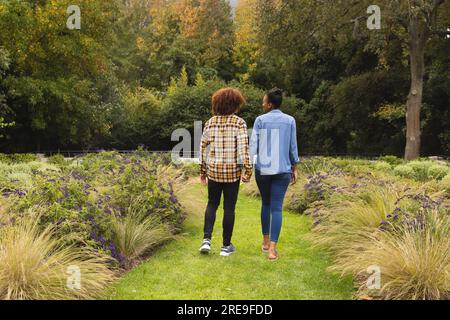 Vue arrière d'heureux couple diversifié tenant la main, marchant dans le jardin Banque D'Images