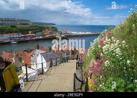 Whitby, regardant vers le bas célèbre 199 'marches' de la ville sur Tate Hill, près de l'église de St Mary sur la colline, North Yorkshire Coast, Angleterre, Royaume-Uni. Banque D'Images