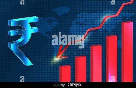 Diminution du taux de roupie. Concept global de fluctuation de la valeur de roupie indienne Banque D'Images