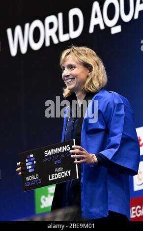 Fukuoka, Japon. 26 juillet 2023. Katie Ledecky, des États-Unis, est nommée athlète de natation de l’année aux Championnats du monde de natation à Fukuoka, au Japon, le 26 juillet 2023. Crédit : Xia Yifang/Xinhua/Alamy Live News Banque D'Images