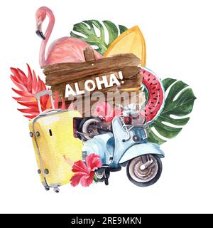 Illustration juteuse lumineuse sur un thème de plage. Voyages et loisirs. Dessin à l'aquarelle à la main sur un fond blanc. Banque D'Images