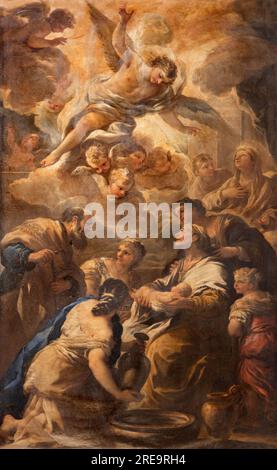 NAPLES, ITALIE - 18 AVRIL 2023 : la peinture de la Nativité de la Vierge Marie dans l'église Chiesa dei Santi Apostoli par Luca Giordano (1692). Banque D'Images