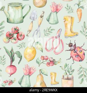 Motif sans couture aquarelle. Ensemble de jardin. Illustration dessinée à la main. Aquarelle des légumes et des fruits. Jardin. Arrière-plans bleu, blanc, jaune et vert Banque D'Images