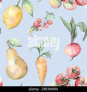 Motif sans couture aquarelle. Ensemble de jardin. Illustration dessinée à la main. Aquarelle des légumes et des fruits. Jardin. Arrière-plans bleu, blanc, jaune et vert Banque D'Images