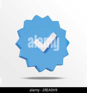 Cochez la case de vérification du profil icône de médias sociaux. Badge bleu vérifié avec signe de coche isolé sur fond vide. Illustration carrée 3D. Banque D'Images