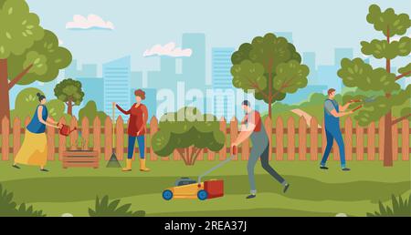 Entretien des plantes en serre. Personnages jardiniers cultivant des plantes. Les femmes arrosent les plantes, les hommes coupent les feuilles sur les arbres Illustration de Vecteur