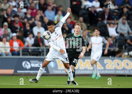 Swansea, Royaume-Uni. 25 juillet 2023. Joel Piroe de Swansea City en action. Match amical de pré-saison, Swansea City contre Bristol Rovers au Swansea.com Stadium à Swansea, pays de Galles, le mardi 25 juillet 2023. Cette image ne peut être utilisée qu'à des fins éditoriales. Usage éditorial uniquement, photo par Andrew Orchard/Andrew Orchard photographie sportive/Alamy Live News crédit : Andrew Orchard photographie sportive/Alamy Live News Banque D'Images