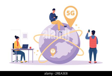Concept Internet haute vitesse 5G. Technologie sans fil smartphone, connexion wifi. Dessins animés Tiny People Workers Illustration de Vecteur
