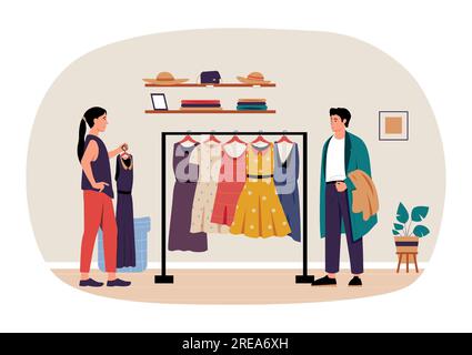 Concept de shopping et d'achat. Femme choisissant la robe en magasin. Client achetant des vêtements dans un magasin de détail. Acheteur de dessins animés Illustration de Vecteur