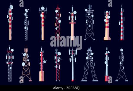 Tour de communication. Antenne de relais de télécommunication avec signal de téléphone portable, signal de téléphone portable, connexion Internet, haut débit mobile. Illustration vectorielle Illustration de Vecteur