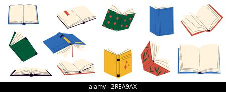 Ouvrez les livres. Doodle couvertures de livre colorées avec des lettres dessinées à la main, concept de littérature d'étude pour l'enseignement collégial. Ensemble vectoriel plat Illustration de Vecteur