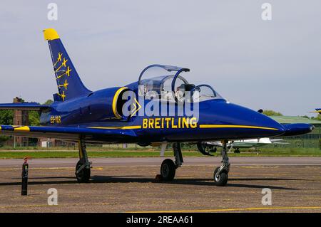 Breitling Jet Team Aero L-39 Albatros à Biggin Hill, Royaume-Uni. Aerovodochody Aero L-39 Albatros jet avec le parrainage de Breitling Banque D'Images