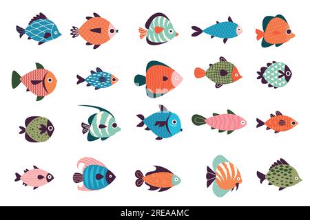 Collection de poissons exotiques. Faune sous-marine de dessin animé, personnages colorés de la vie océanique, décor de zoo de poissons et concept de faune. Jeu de vecteurs Illustration de Vecteur