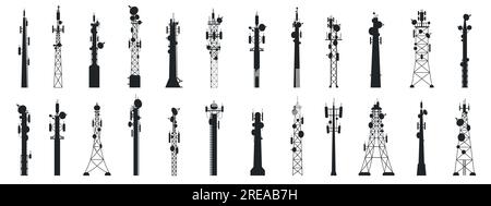 Silhouettes de mât radio. Décrire les tours d'antenne de radiodiffusion, l'équipement de technologie de communication. Jeu de vecteurs Illustration de Vecteur