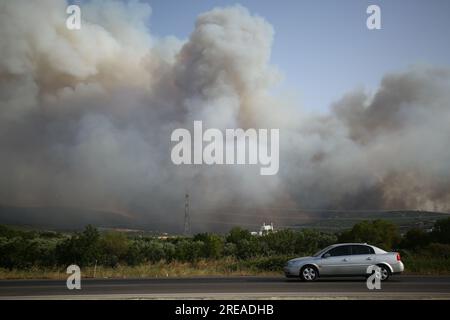 Izmir, Turquie. 26 juillet 2023. Avec l'augmentation des températures de l'air, le nombre d'incendies dans les zones forestières a commencé à augmenter. La réponse au feu de forêt dans le district d'Odemis à Izmir se poursuit. (Image de crédit : © Serkan Senturk/ZUMA Press Wire) USAGE ÉDITORIAL SEULEMENT! Non destiné à UN USAGE commercial ! Banque D'Images