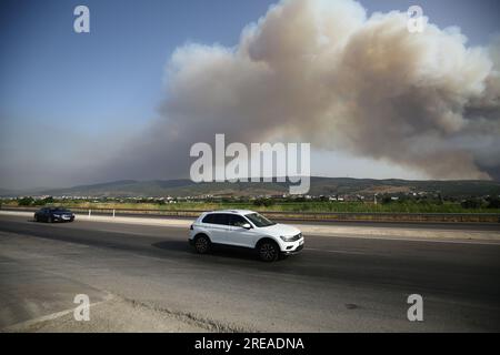 Izmir, Turquie. 26 juillet 2023. Avec l'augmentation des températures de l'air, le nombre d'incendies dans les zones forestières a commencé à augmenter. La réponse au feu de forêt dans le district d'Odemis à Izmir se poursuit. (Image de crédit : © Serkan Senturk/ZUMA Press Wire) USAGE ÉDITORIAL SEULEMENT! Non destiné à UN USAGE commercial ! Banque D'Images