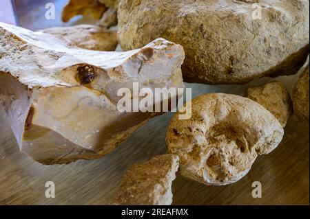 Visite des vins dans les caves en appellation Pouilly-fume, exemples de terroirs de vignes en appellation Pouilly-fume, cailloux silex, argile, caillottes limeston Banque D'Images