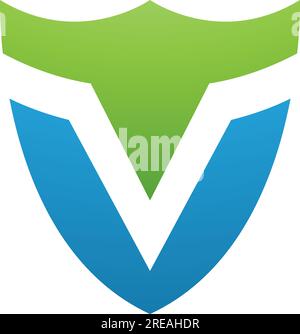 Icône lettre V en forme de bouclier vert et bleu sur fond blanc Illustration de Vecteur