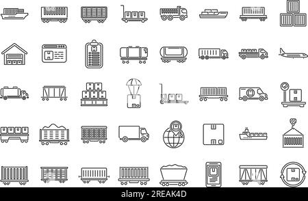 Les icônes de trafic de fret définissent le vecteur de contour. Marchandises de fret. Futur mondial Illustration de Vecteur