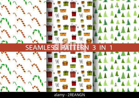 Ensemble de motifs sans couture dans le thème de Noël. Motif avec boîtes cadeaux, caramel de Noël, arbres de Noël sur fond blanc, vecteur eps10 Illustration de Vecteur