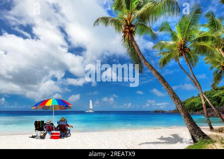 Plage paradisiaque. Palmiers dans la belle plage de sable avec parasol coloré et un voilier dans la mer tropicale. Banque D'Images