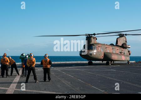 UN AMÉRICAIN Navy Sailor affecté au navire de débarquement amphibie USS New Orleans (LPD 18) se prépare à sécuriser un hélicoptère CH-47 Chinook de la Force japonaise d'autodéfense tout en menant des opérations aériennes en préparation du Talisman Sabre 23, dans la mer de Corail, le 23 juillet 2023. La capacité d'opérer de manière transparente et simultanée en mer, à terre et dans les airs représente la valeur unique des forces amphibies. Le TS 23 est le plus grand exercice militaire bilatéral entre l'Australie et les États-Unis qui fait progresser un Indo-Pacifique libre et ouvert en renforçant les relations et l'interopérabilité Banque D'Images