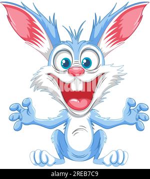 Un lapin de dessin animé bleu avec un sourire effrayant saute dans un accès de panique Illustration de Vecteur