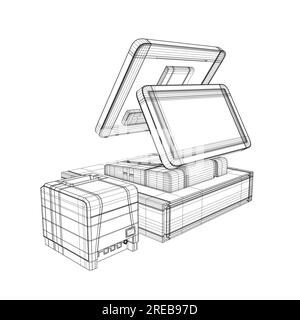 Wireframe de caisse enregistreuse avec lecteur de code à barres, lecteur de carte de crédit et imprimante de reçus. Fil de fer de distributeur automatique de billets. Illustration vectorielle. 3D. Illustration de Vecteur