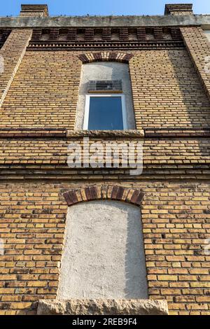 Vue plein cadre à faible angle d'un joli vieux mur de briques de couleur jaune et marron marbré, avec vue sur une fenêtre arquée scellée Banque D'Images