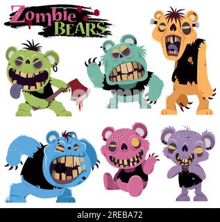 Une illustration effrayante et ludique de style dessin animé mettant en vedette une collection d'ours zombies de différentes couleurs et de motifs effrayants. Illustration de Vecteur
