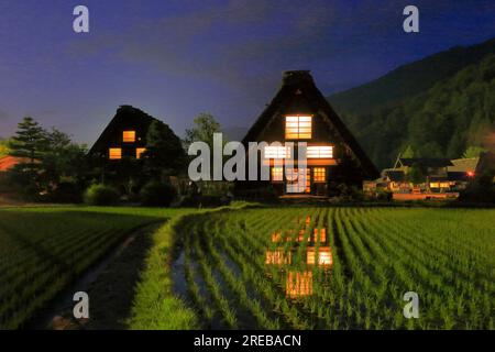 Shirakawa-Go sur une nuit d'été Banque D'Images