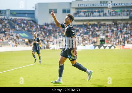 Chester, Pennsylvanie, États-Unis. 26 juillet 2023. 26 juillet 2023, Chester PA, USA : NATHAN Harriel (26) du Philadelphia Union célèbre marquer un but contre le Queretaro FÃºtbol Club au Subaru Park à Chester PA.image de crédit : © Ricky Fitchett via ZUMA Wire (image de crédit : © Ricky Fitchett/ZUMA Press Wire) USAGE ÉDITORIAL SEULEMENT! Non destiné à UN USAGE commercial ! Banque D'Images