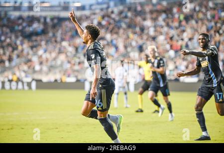 Chester, Pennsylvanie, États-Unis. 26 juillet 2023. 26 juillet 2023, Chester PA, USA : NATHAN Harriel (26) du Philadelphia Union célèbre marquer un but contre le Queretaro FÃºtbol Club au Subaru Park à Chester PA.image de crédit : © Ricky Fitchett via ZUMA Wire (image de crédit : © Ricky Fitchett/ZUMA Press Wire) USAGE ÉDITORIAL SEULEMENT! Non destiné à UN USAGE commercial ! Banque D'Images