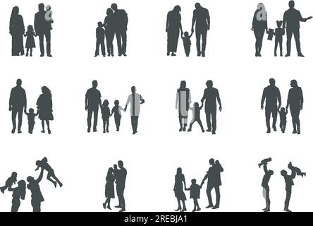 Silhouette de famille heureuse, silhouette de famille, famille SVG, famille clipart, paquet de silhouette de famille, Jeu de vecteurs de famille - V04 Illustration de Vecteur