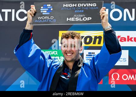 Fukuoka, Japon. 27 juillet 2023. Aidan Heslop célèbre le titre d’« athlète de l’année » lors des 20e Championnats du monde de natation au Seaside Momochi Beach Park à Fukuoka (Japon), le 27 juillet 2023. Crédit : Insidefoto di andrea staccioli/Alamy Live News Banque D'Images