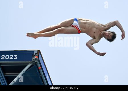 Fukuoka, Japon. 27 juillet 2023. Gary Hunt, de France, participe à la finale du 27m hommes lors du 20e Championnat du monde de natation au Seaside Momochi Beach Park à Fukuoka (Japon), le 27 juillet 2023. Crédit : Insidefoto di andrea staccioli/Alamy Live News Banque D'Images