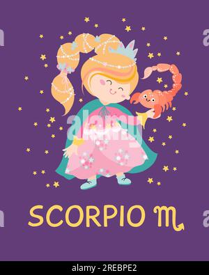 Affiche du zodiaque signe mignon à plat. Illustration vectorielle avec symbole astrologique Scorpion, signe du zodiaque Illustration de Vecteur
