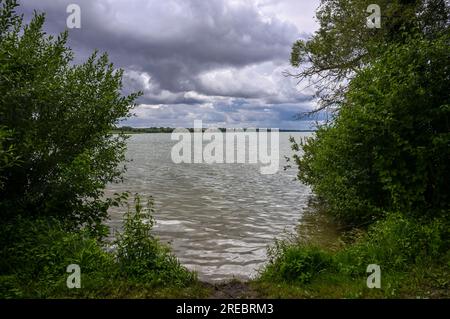 Prenzlau, Allemagne. 20 juillet 2023. L’Unteruckersee au camping Sonnenkap dans la région d’Uckermark. En plus des zones de tentes et de caravanes classiques, le site propose également des tentes glamping confortables et des maisons de tinyhouse, c'est-à-dire de petites maisons de vacances. Glamping' est en vogue. Les lodges de tente, avec cuisine et salle de bain partiellement propre, ou par exemple des tonneaux de camping offrent un bon confort. Crédit : Jens Kalaene/dpa/Alamy Live News Banque D'Images