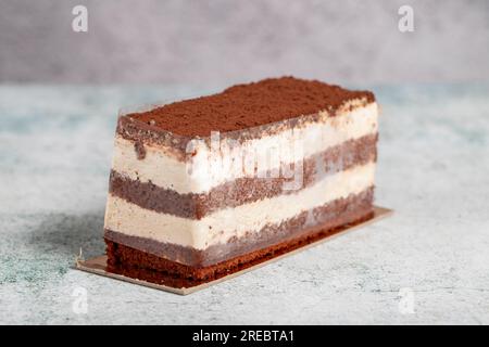 Tiramisu sur fond gris. Gâteau préparé avec de la crème et garni de poudre de café Banque D'Images