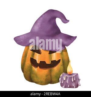 Composition de bougie avec une flamme vive, citrouille orange pour Halloween en sorcière violette. Drôle de visage noir. illustration aquarelle pour impression Banque D'Images